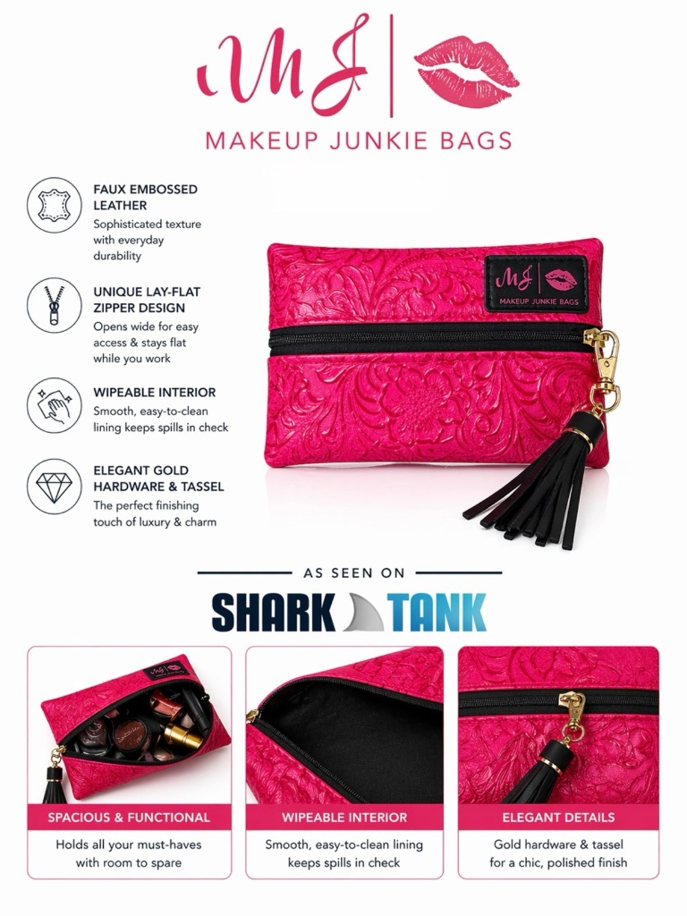 MJ Makeup Junkie Dream Pink Bag Embossed Faux Leather Mini 4”x 7”